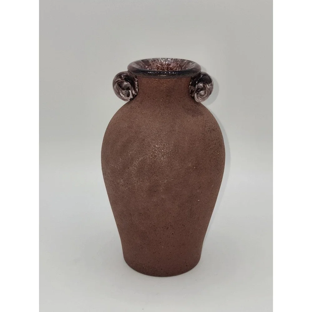 Vintage‎ Art Glass Amphora Vase Brown Satin Finish Applied Scroll Handles